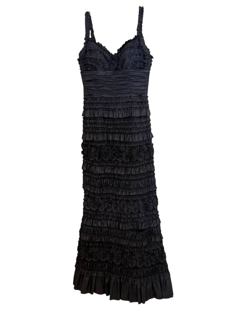 Pronovias Barcelona Woman's Ruffled Thin Strap Gown Designer Black FLAW Size 8